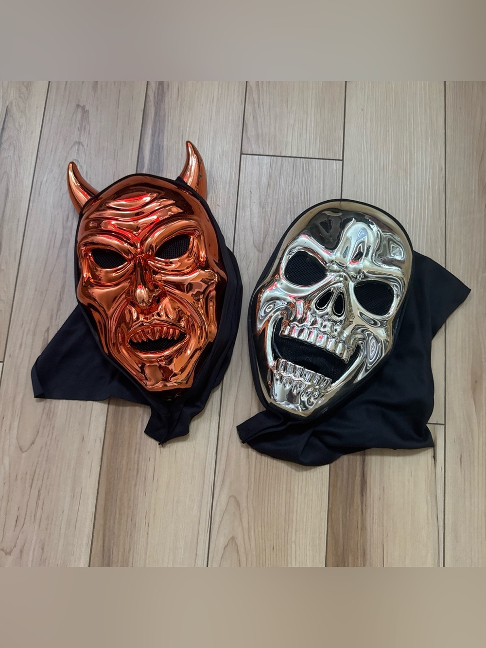 Metallic Orange Devil & Silver Skull Halloween Mask Duo